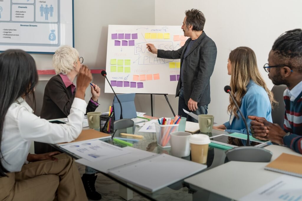 Collaborative Business Meeting with Presentation and Strategy Planning